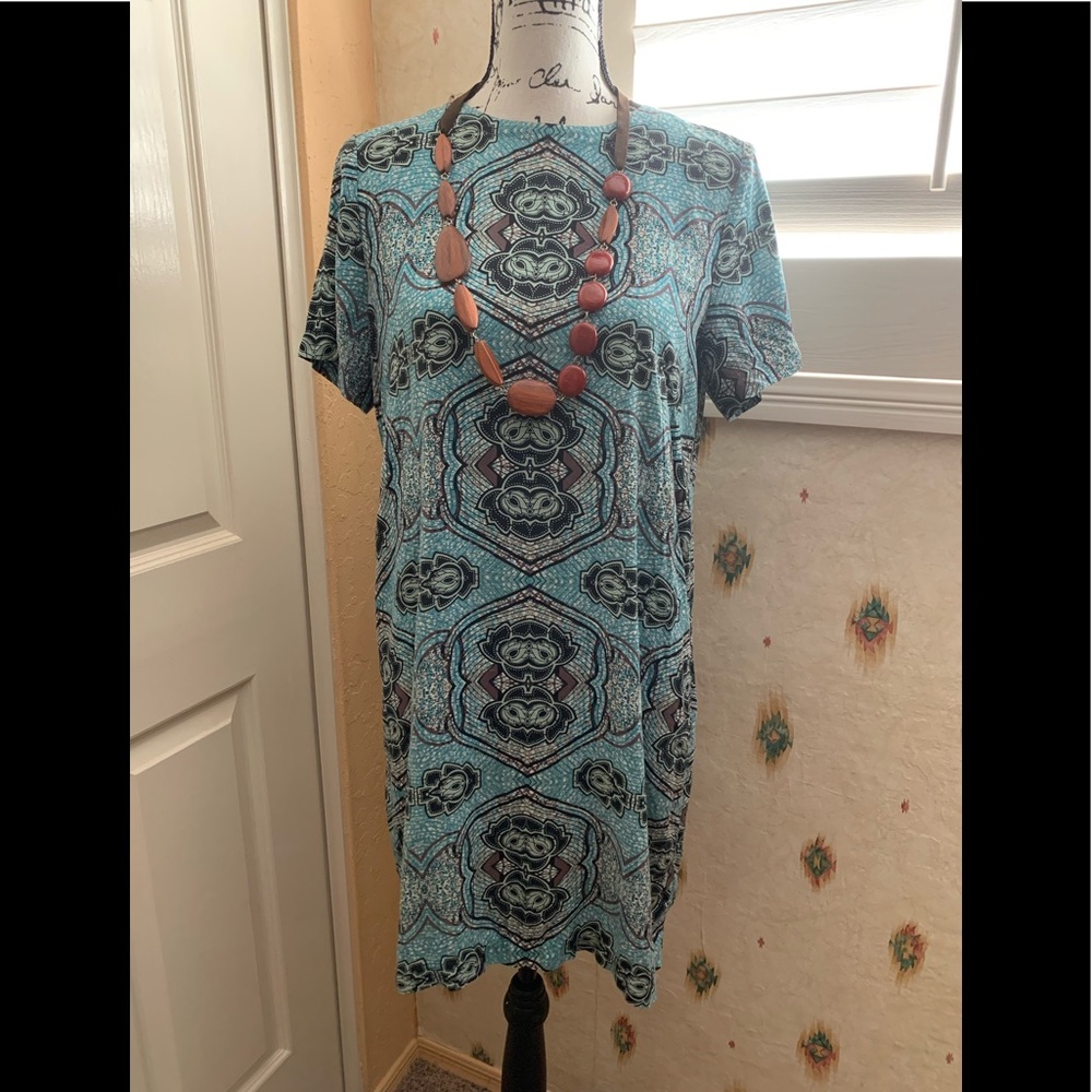 H & M turquoise and brown shift midi dress